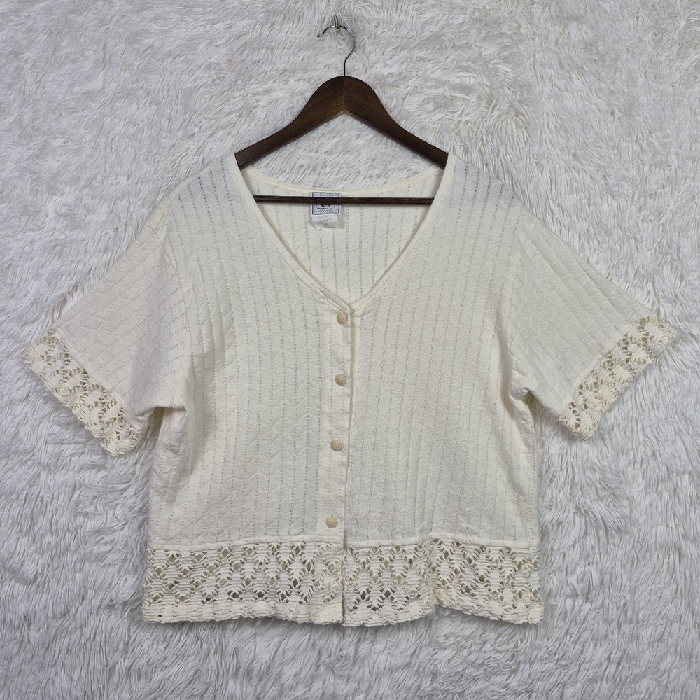 Vtg David Wayne Lace Hem Short Sleeve‎ Cardigan Cottagecore